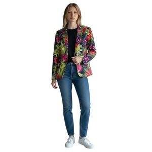 Chico's Tropical Floral Blazer Jacket One Button Multicolor Womens Size 2 (L/12)